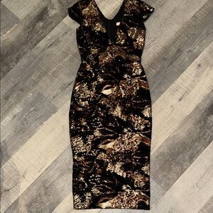 Dress the Population Metallic Black and Gold Midi Dress